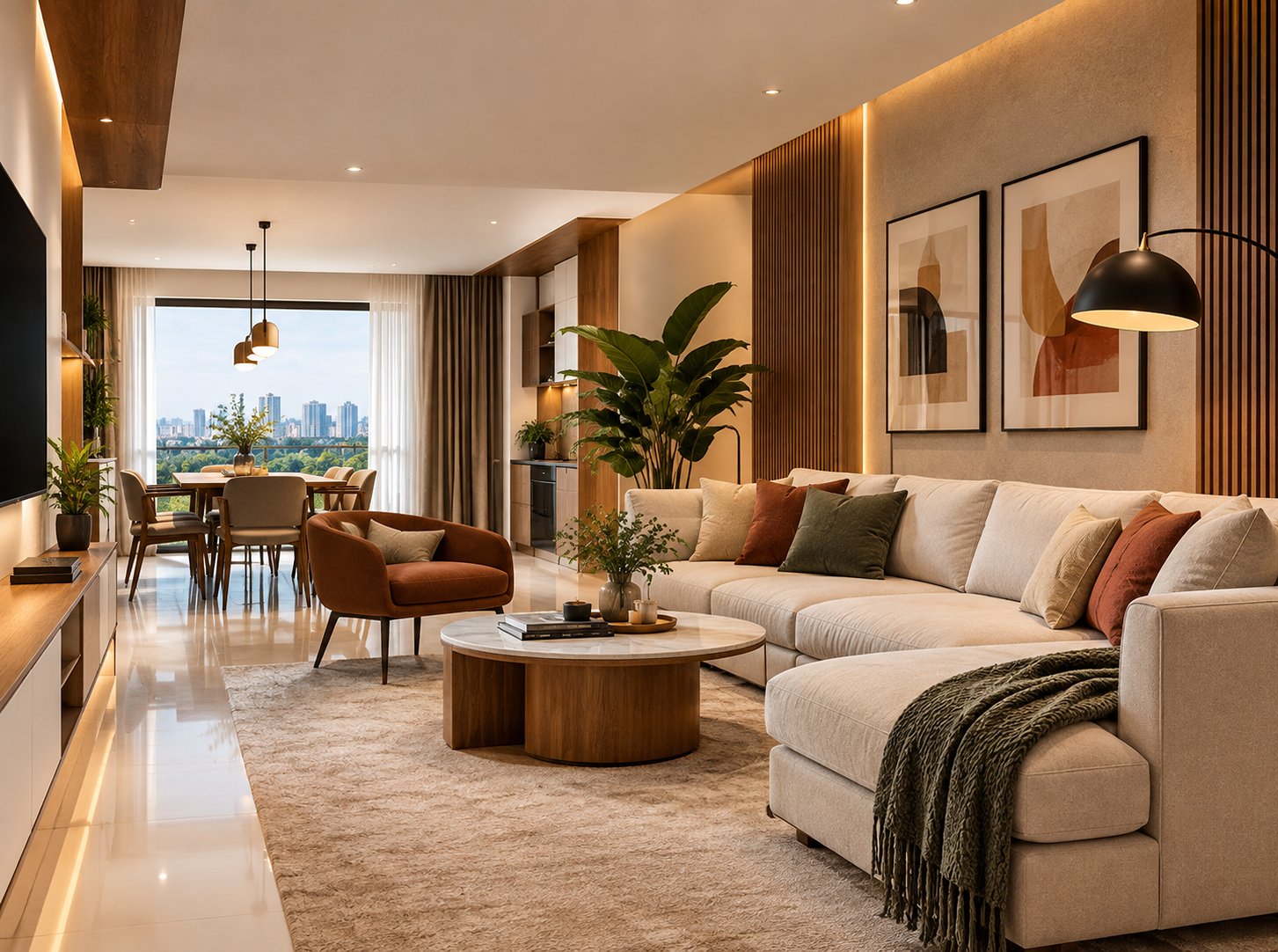 Well-designed living room interior showing layout, lighting and storage planning by Houzlook in Bangalore